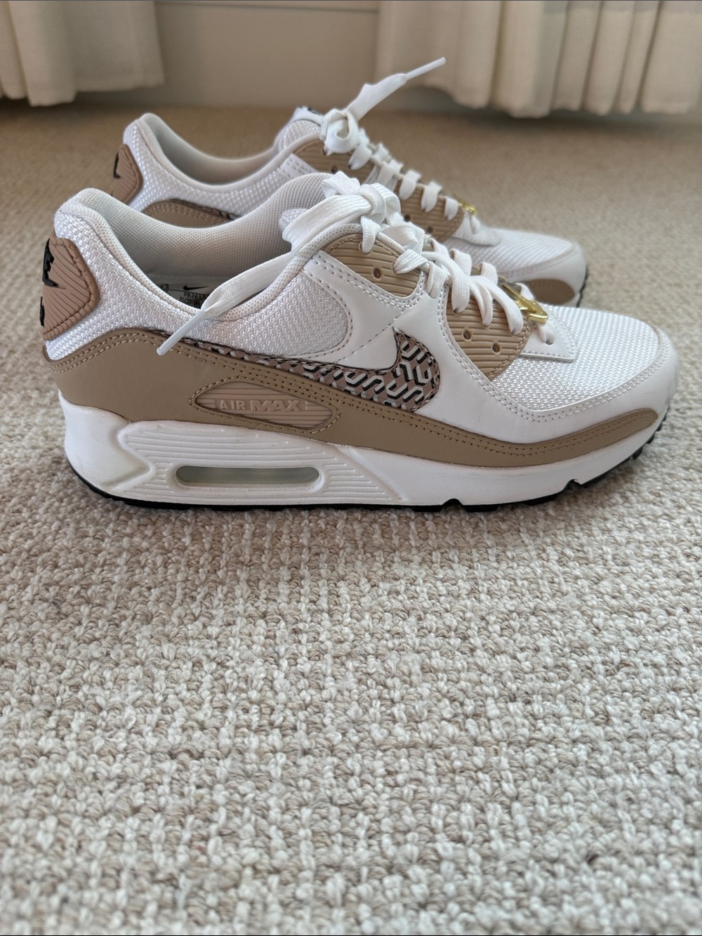 Nike Women's White and Tan Sneakers with Gold Accents